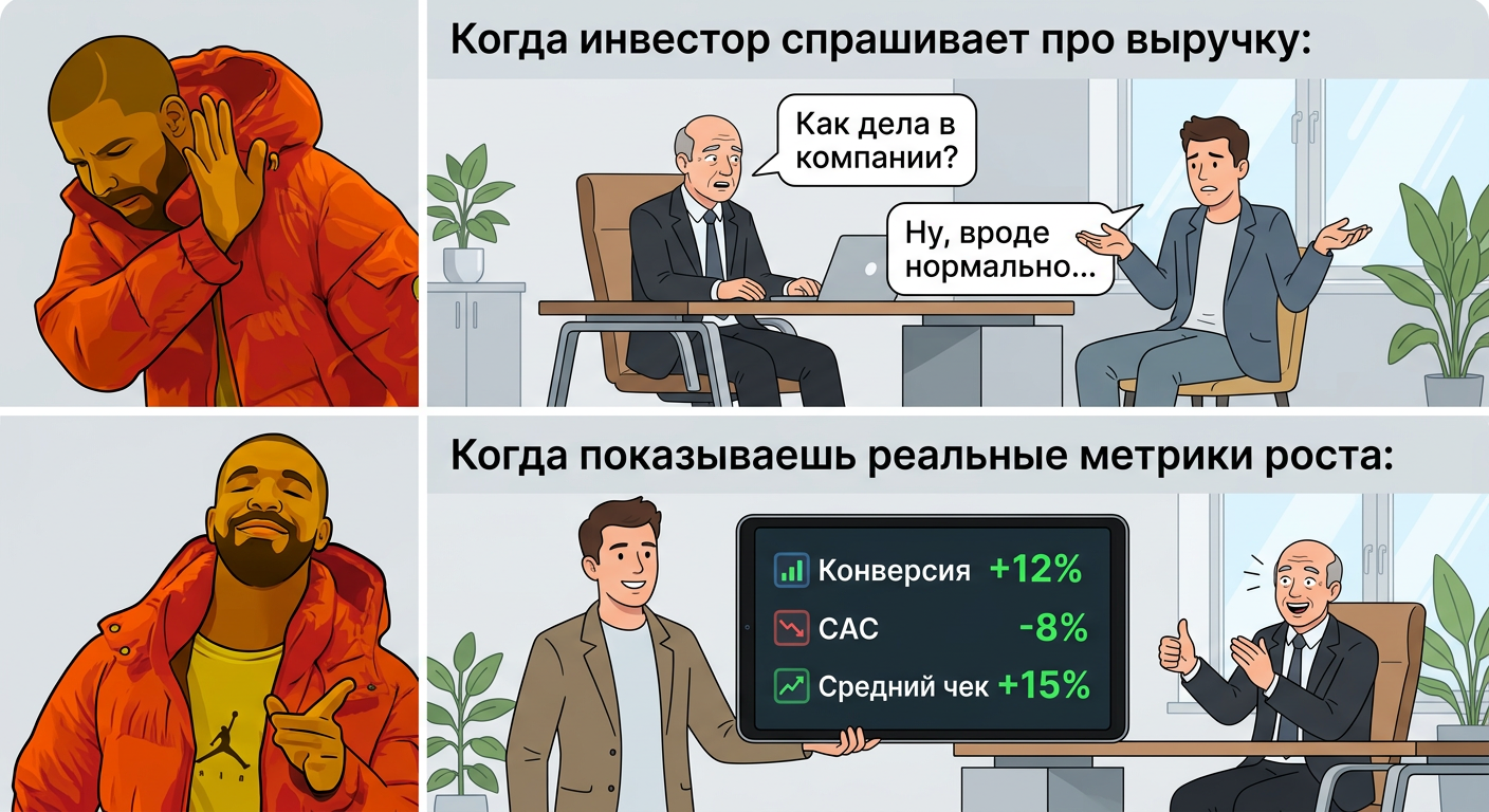 Drake meme format. Top panel (disapproving): investor asks 'How's the company doing?' and manager answers 'Ну, вроде нор