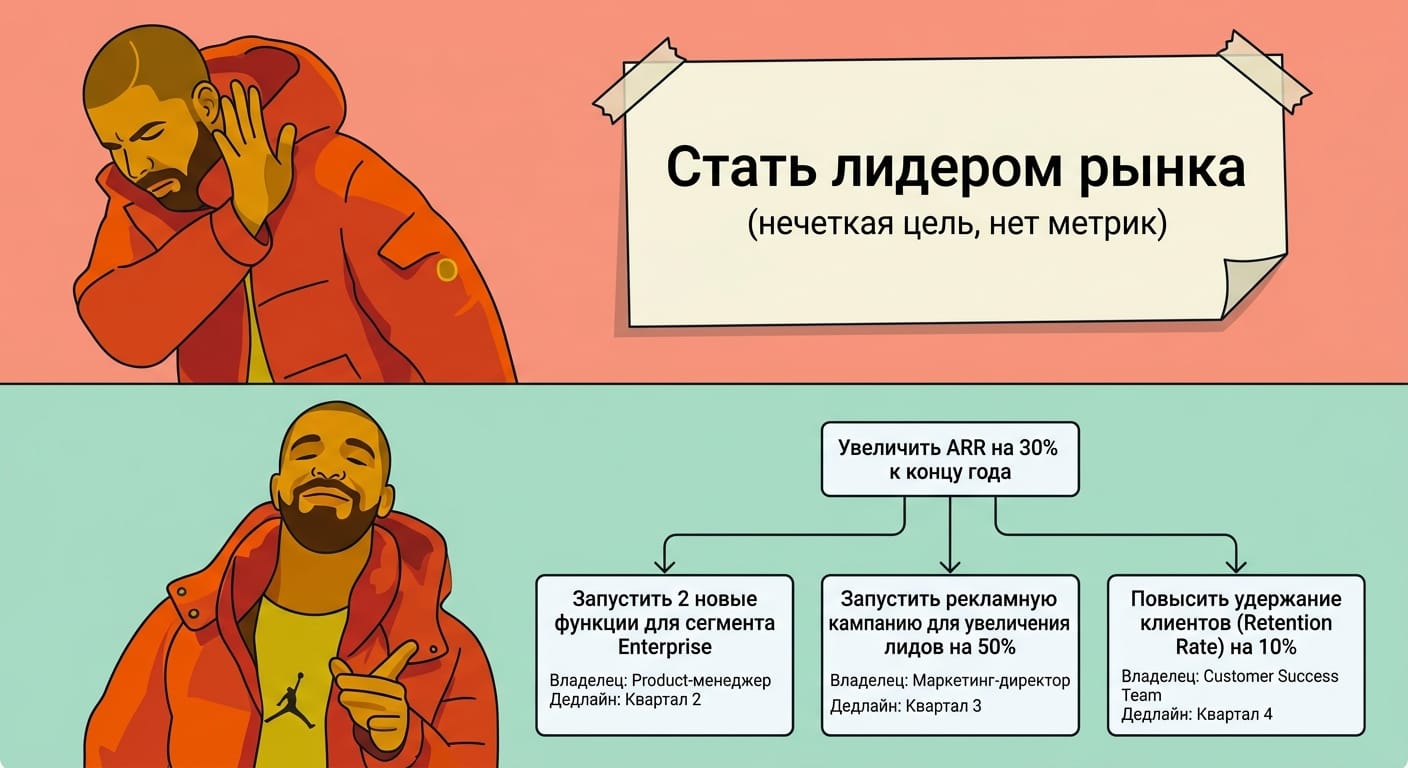Drake meme format: top panel (Drake rejecting) — a sticky note saying 'Стать лидером рынка' (vague goal, no metrics); bo