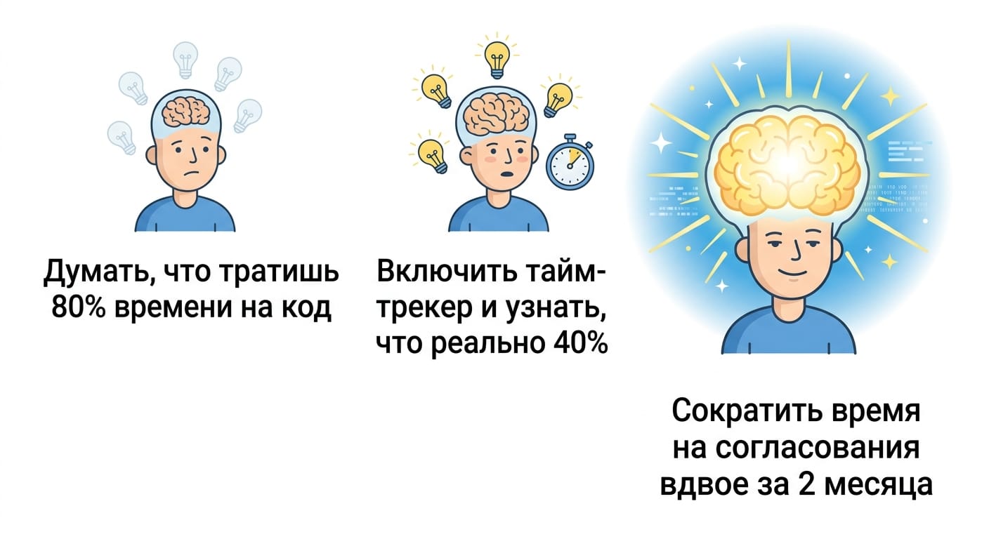 Meme format 'Expanding Brain': panel 1 - 'Думать, что тратишь 80% времени на код' (small brain); panel 2 - 'Включить тай