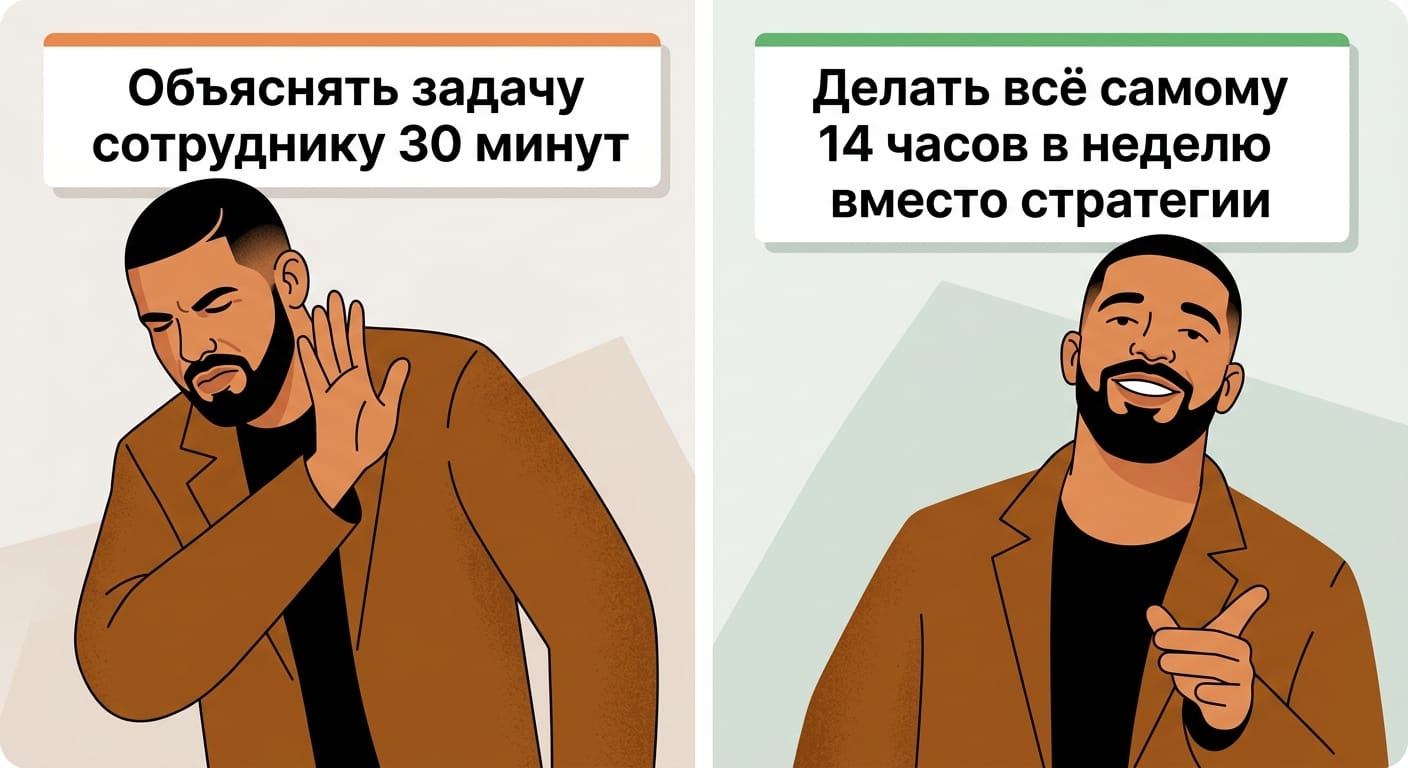 Drake meme format: top panel - Drake looking disgusted, labeled 'Объяснять задачу сотруднику 30 минут'; bottom panel - D