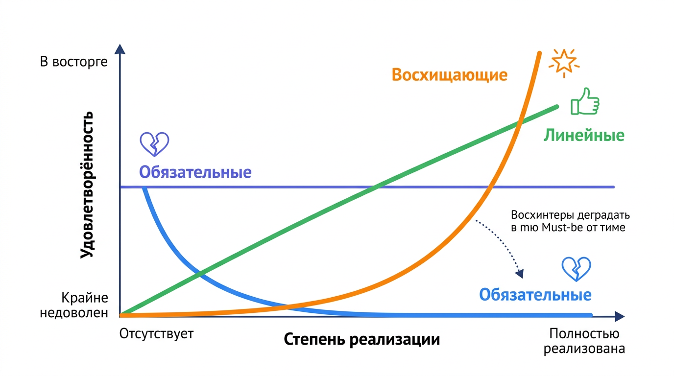 Flat design infographic showing the Kano model graph with two axes: horizontal axis 'Степень реализации' (from 'Отсутств